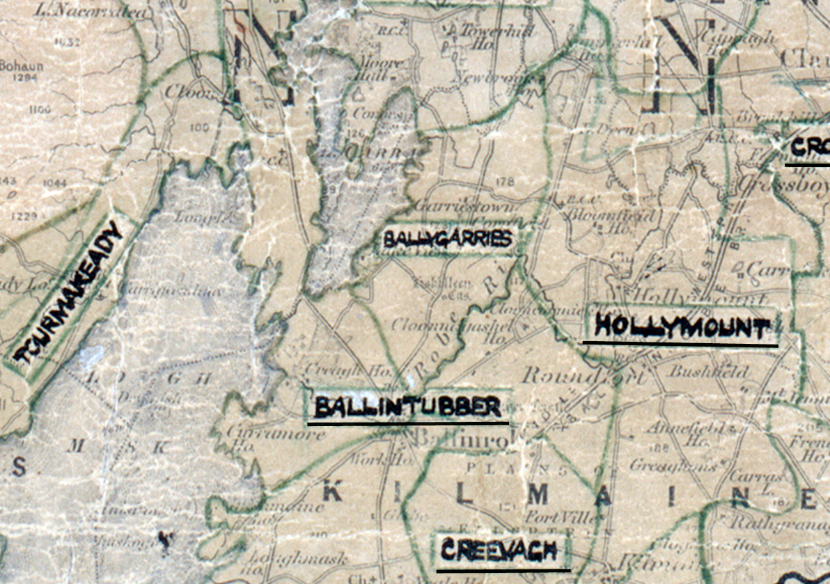 A scanned, worn historical map from the 1940s of the rural electrification area around Balintubber. A hand‑drawn boundary outlines the region, including Ballygarries and Hollymount.