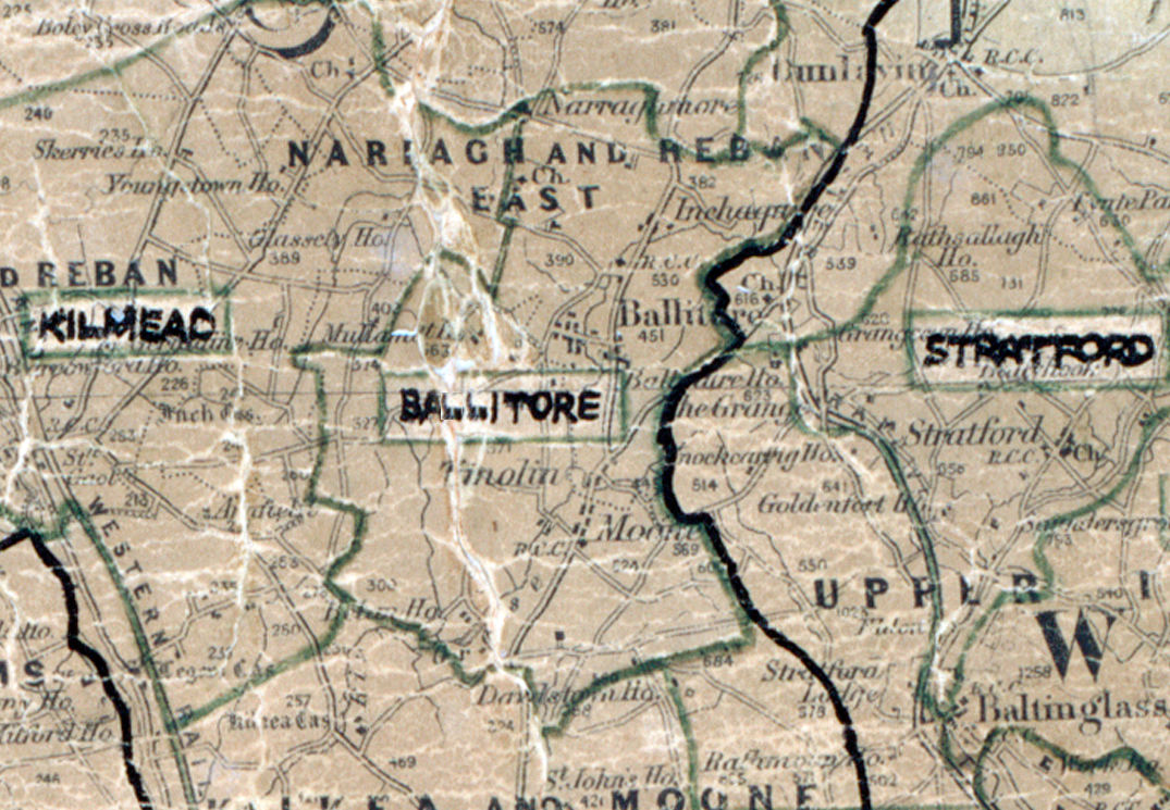 A scanned, worn historical map from the 1940s of the  rural electrification area around Ballitore. A  hand‑drawn boundary outlines the region.