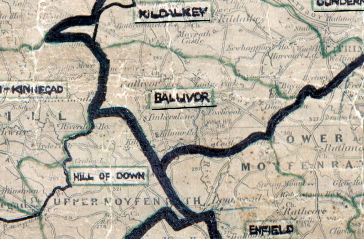 A scanned, worn historical map from the 1940s of the  rural electrification area around Ballivor. A hand‑drawn boundary outlines the region, including Kildalkey, Hill Of Down and Enfield.