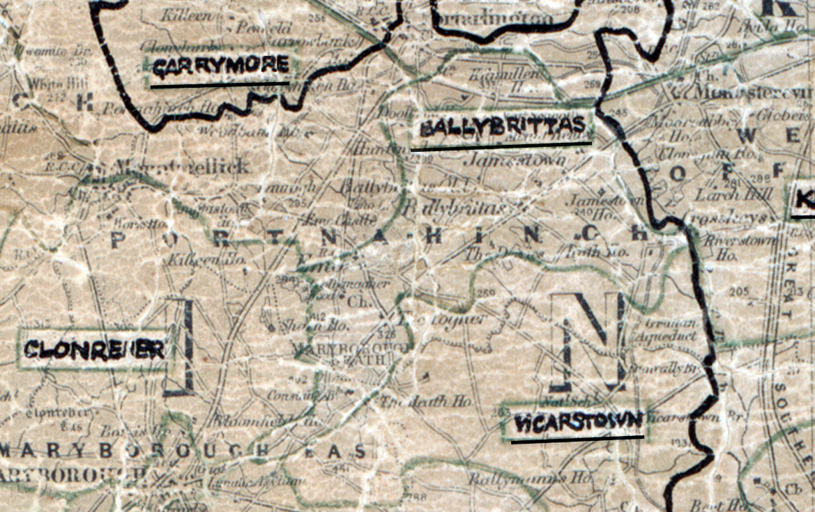 A scanned, worn historical map from the 1940s of the  rural electrification area around Ballybrittas. A  hand‑drawn boundary outlines the region.