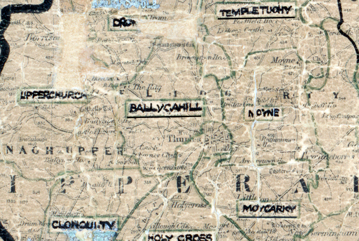 “A scanned, worn historical map from the 1940s of the rural electrification area around Ballycahill. A hand‑drawn boundary outlines the region, including Holy cross and Templetuohy.