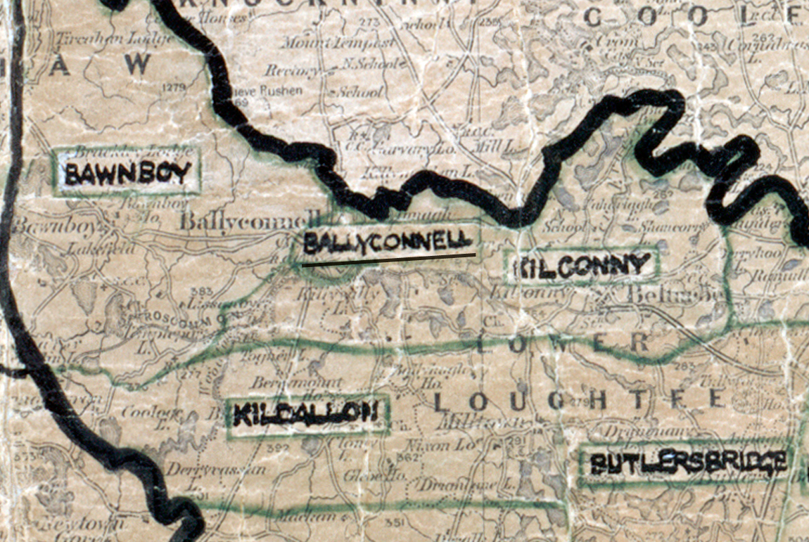 A scanned, worn historical map from the 1940s of the  rural electrification area around Ballyconnell. A  hand‑drawn boundary outlines the region.