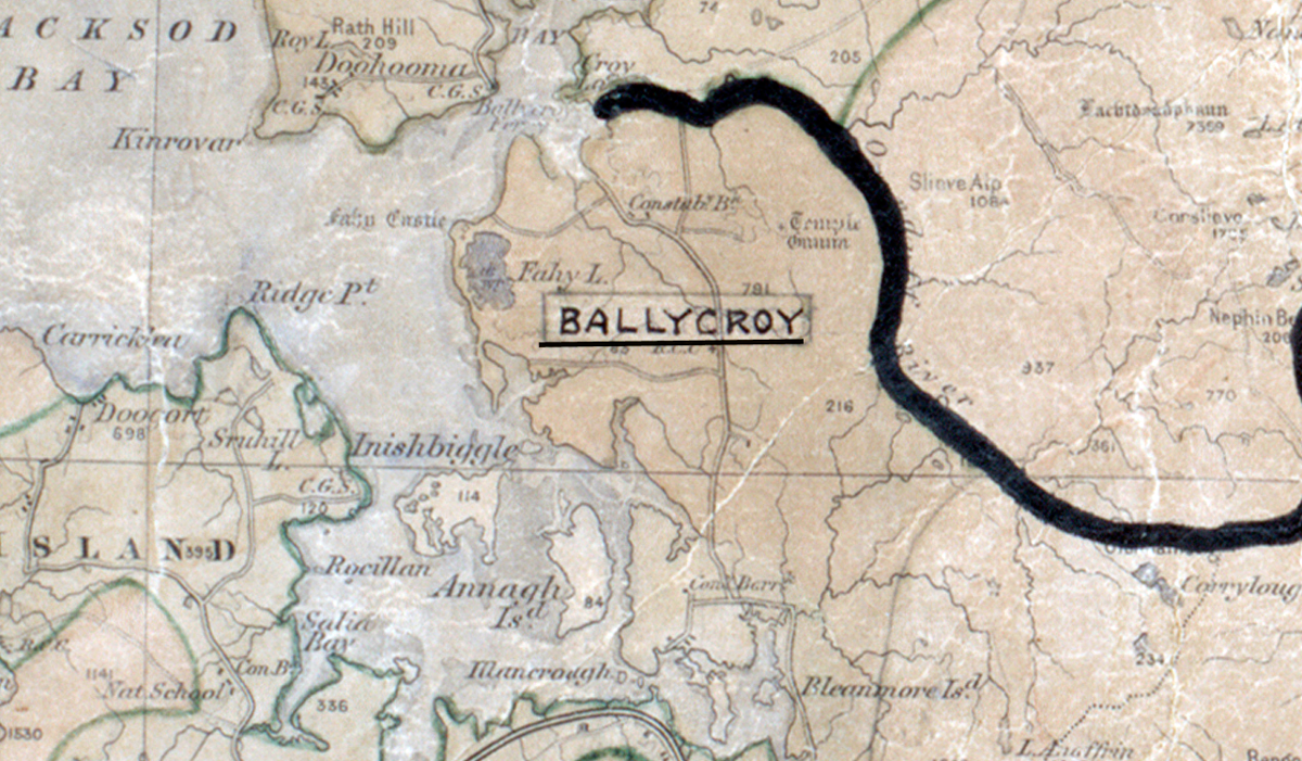A scanned, worn historical map from the 1940s of the rural electrification area around Ballycroy. A hand‑drawn boundary outlines the region.