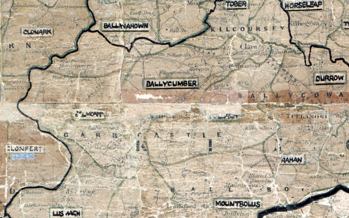 A scanned, worn historical map from the 1940s of the  rural electrification area around Ballycumber. A  hand‑drawn boundary outlines the region.