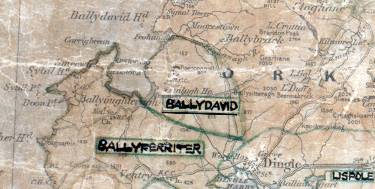 A scanned, worn historical map from the 1940s of the  rural electrification area around Ballitore. A hand‑drawn boundary outlines the region, including Ballyferriter and Lispole.