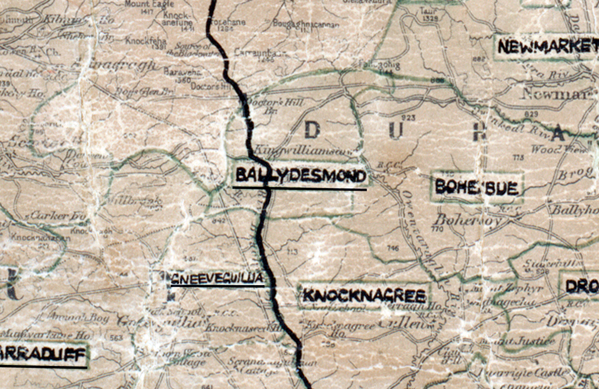 Map extract showing rural electrification areas in County Kerry, including Ballydesmond.