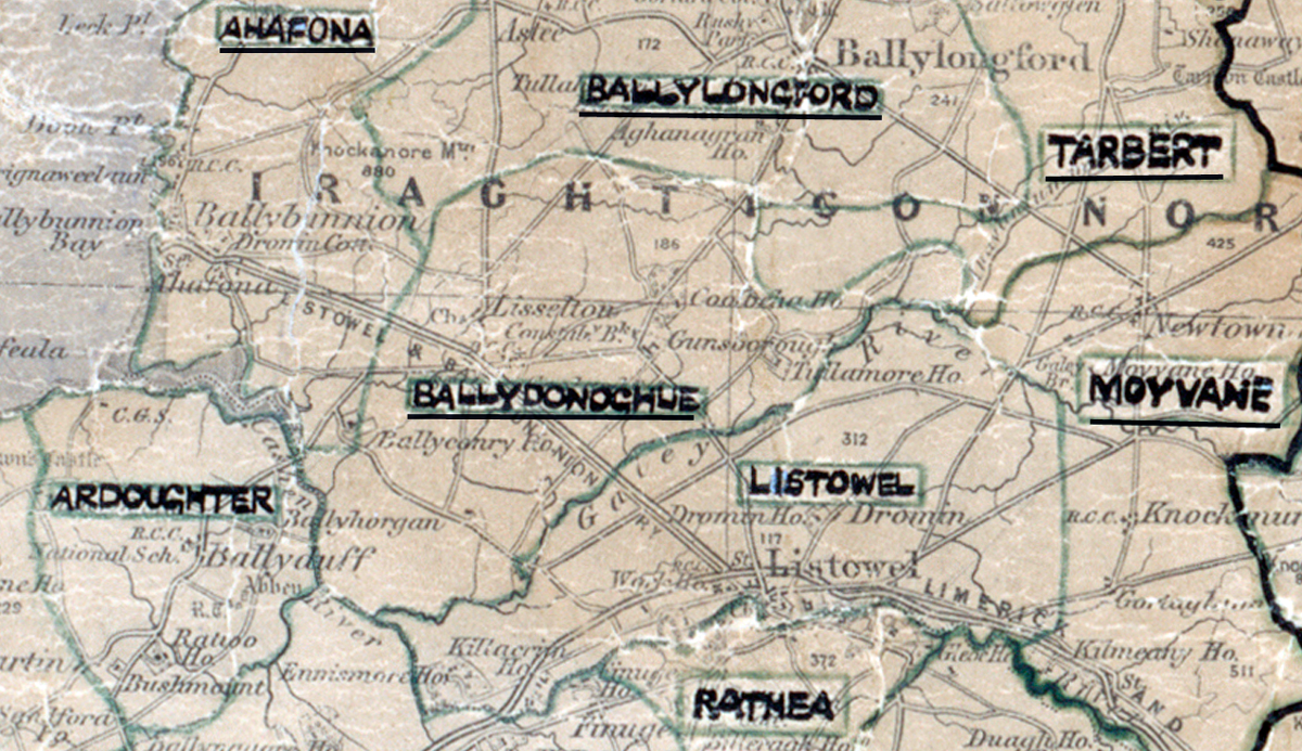 A scanned, worn historical map from the 1940s of the  rural electrification area around Ballydonoghue. A hand‑drawn boundary outlines the region, including Ahafona, Ballylongford, Tarbert, Ardoughter, Listowel, Moyvane and Rathea.