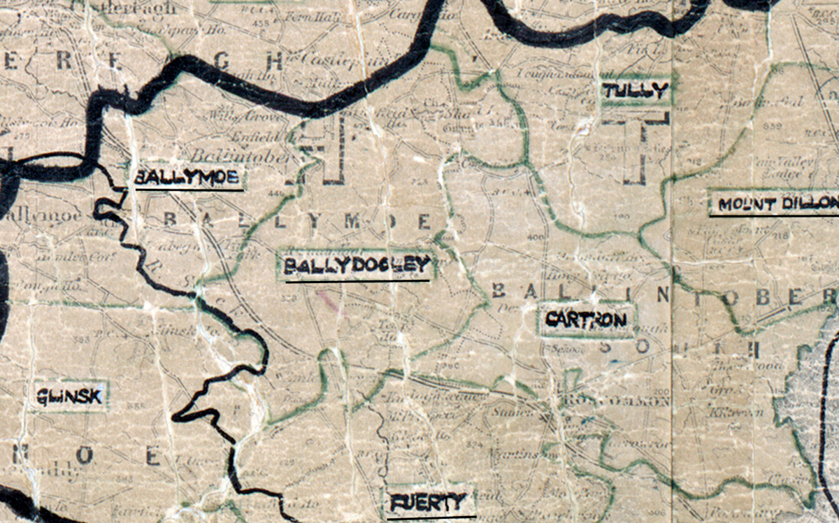 A scanned, worn historical map from the 1940s of the  rural electrification area around Ballydooly. A hand‑drawn boundary outlines the region, including Ballymoe, Glinsk, Cartron, Tully, Mount Dillon  and Fuerty.