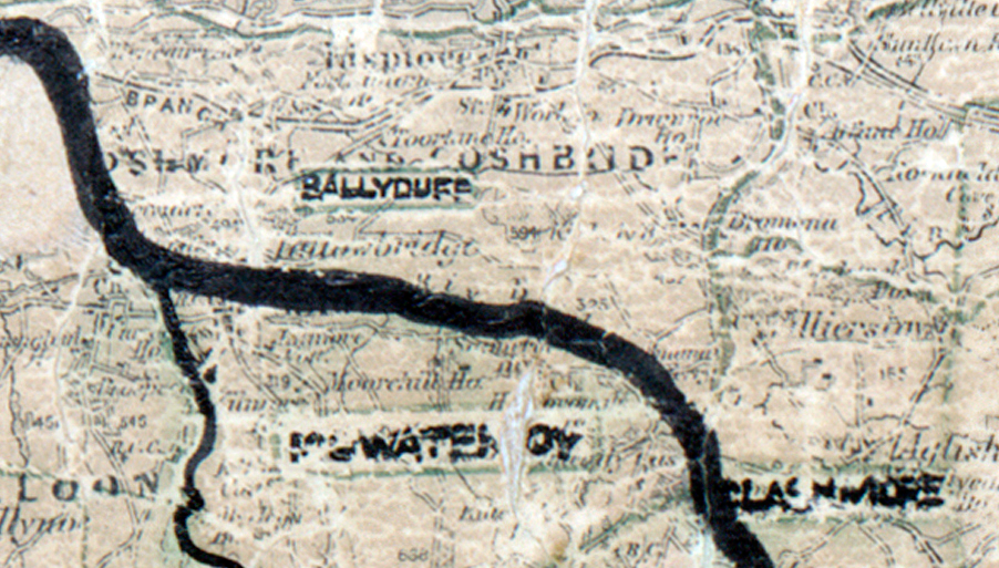A scanned, worn historical map from the 1940s of the  rural electrification area around Ballyduff. A  hand‑drawn boundary outlines the region.