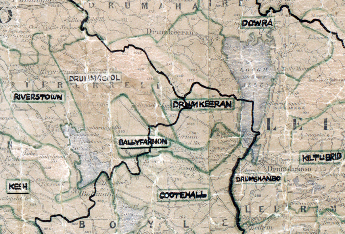 A scanned, worn historical map from the 1940s of the  	rural electrification area around Ballyfarnon. A hand‑drawn boundary outlines the region, including Riverstown, Kesh, Cootehall, Drushand, Drumkeeran and Kiltubrid.