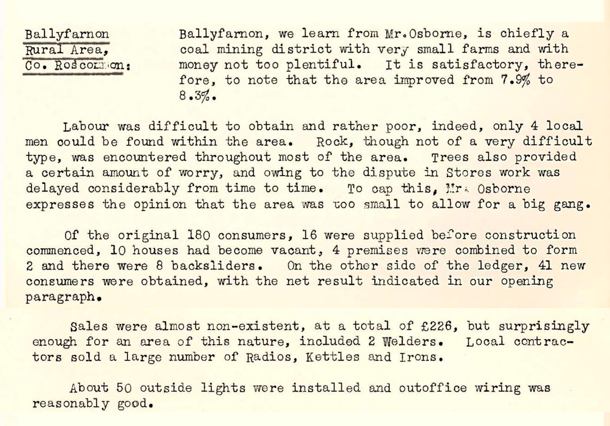 A scanned page from the ESB REO magazine about the Ballyfarnon Rural Area.
