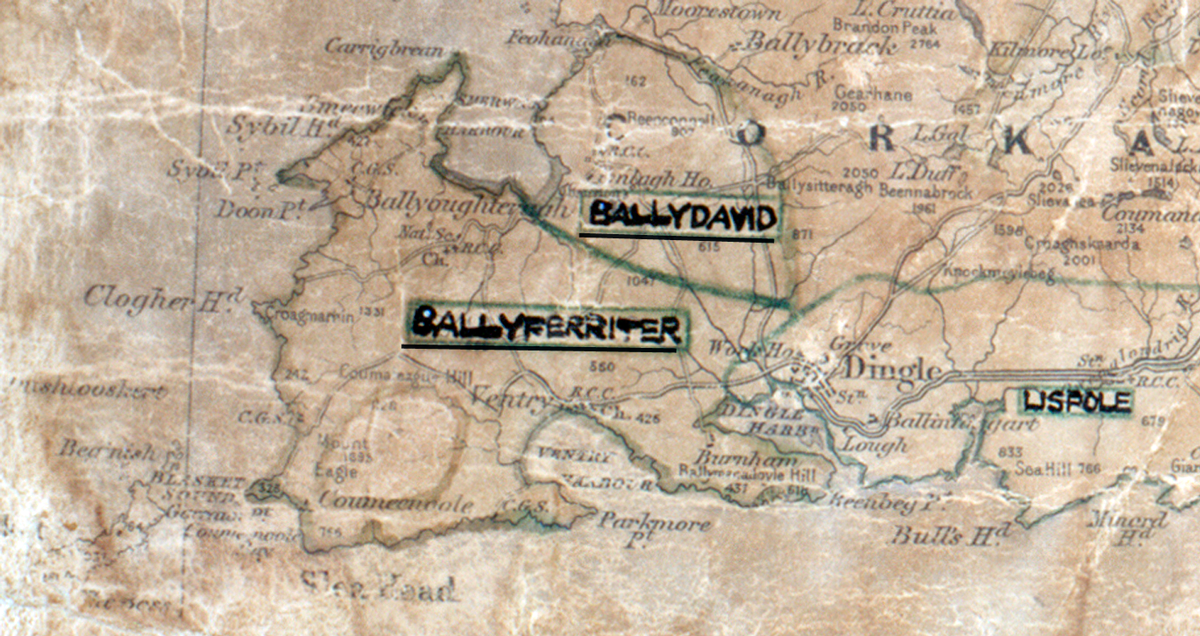 A scanned, worn historical map from the 1940s of the  rural electrification area around Ballyferriter. A hand‑drawn boundary outlines the region, including Lispole and Ballydavid.