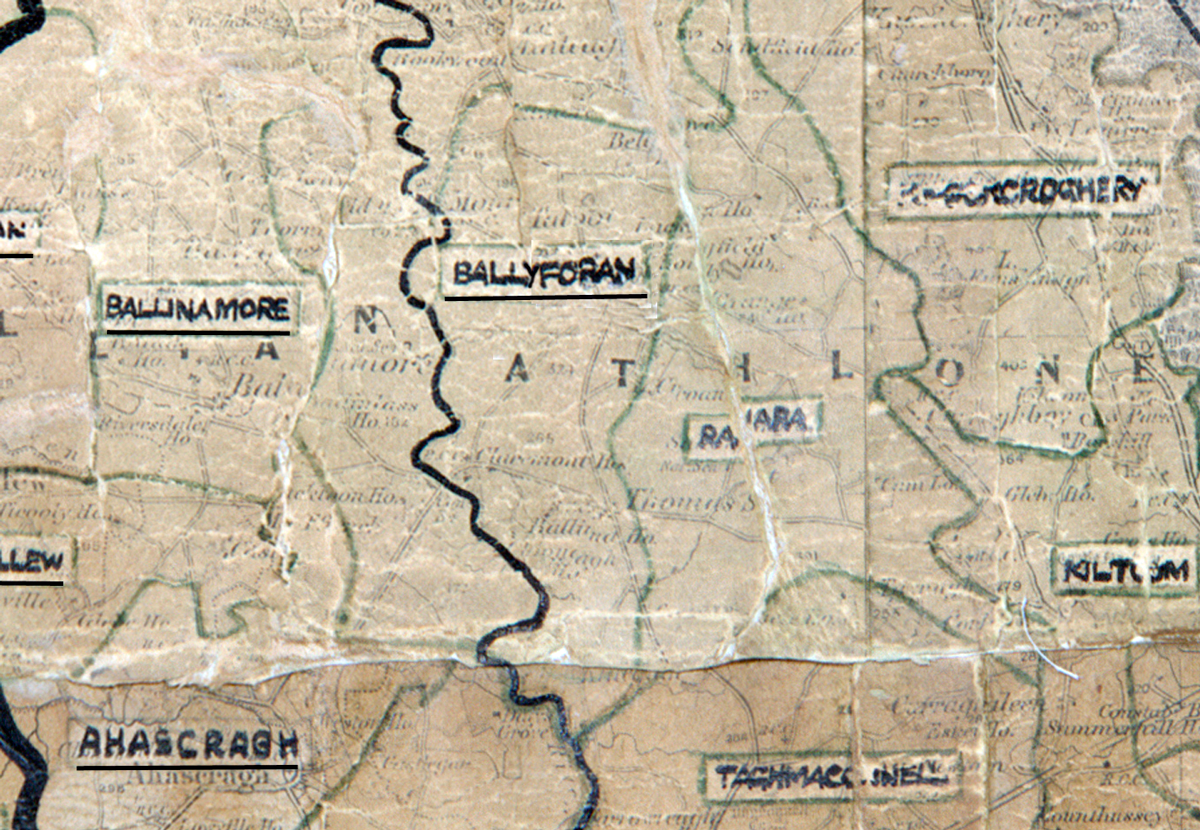 A scanned, worn historical map from the 1940s of the  rural electrification area around Ballyforan. A hand‑drawn boundary outlines the region, including Ballinamore, Ahascragh and Kiltoom.