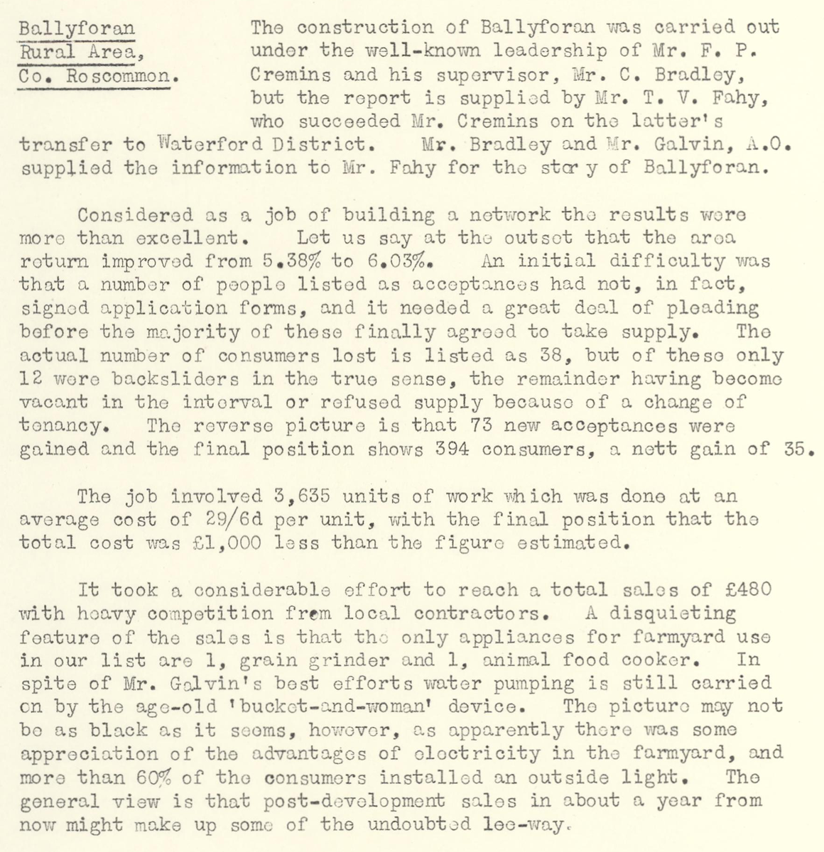A scanned page from the ESB REO magazine about the Ballyforan Rural Area.