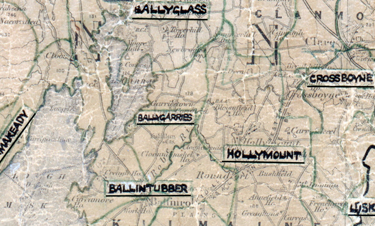 A scanned, worn historical map from the 1940s of the rural electrification area around Ballygarries. A hand‑drawn boundary outlines the region, including Hollymount and Ballintubber.