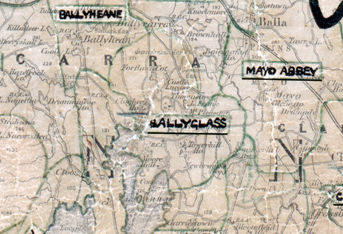 A scanned, worn historical map from the 1940s of the rural electrification area around Ballyglass. A hand‑drawn boundary outlines the region, including Mayo Abbey.