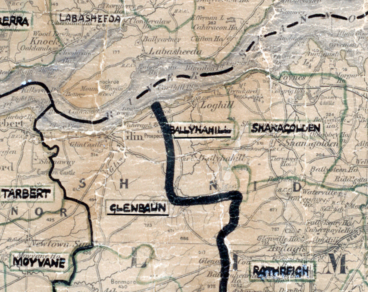 A scanned, worn historical map from the 1940s of the  rural electrification area around Ballyhahill. A  hand‑drawn boundary outlines the region.