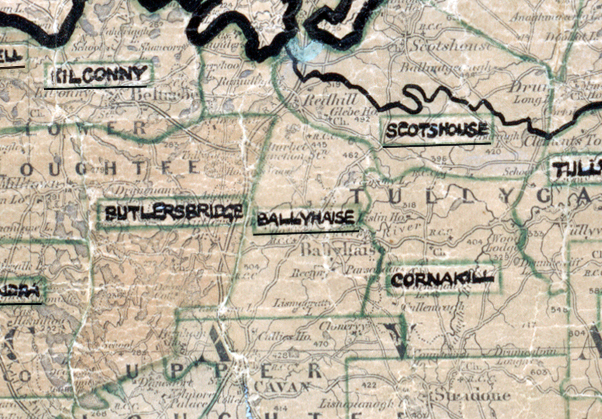 A scanned, worn historical map from the 1940s of the  rural electrification area around Ballyhaise. A  hand‑drawn boundary outlines the region.