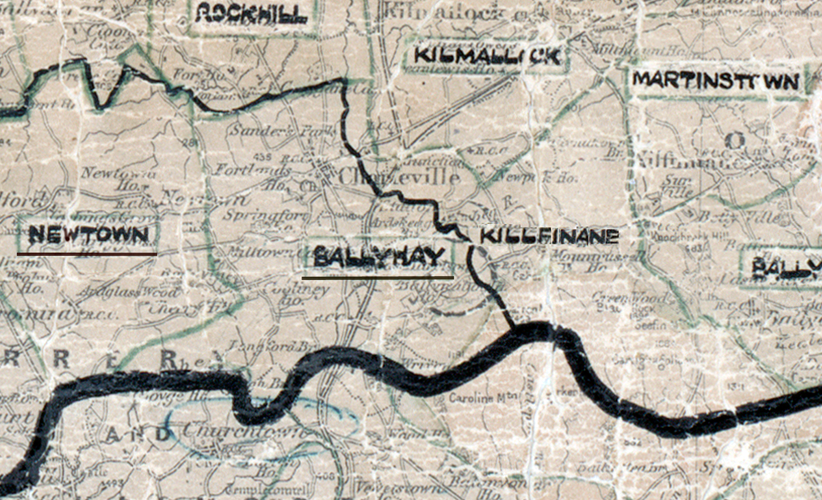 A scanned, worn historical map from the 1940s of the  rural electrification area around Ballyhay. A hand‑drawn boundary outlines the region, including Rockhill, Newtown, Martinstown, Killfinane and Kilmallick.