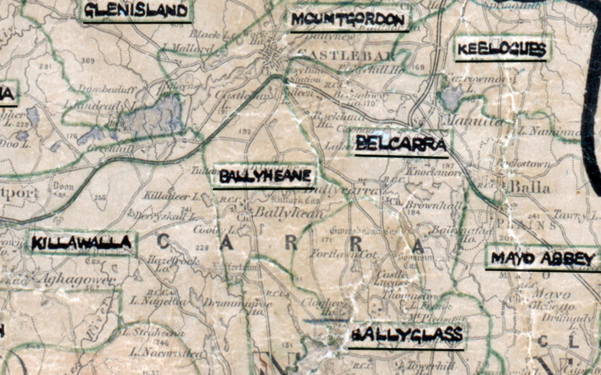 A scanned, worn historical map from the 1940s of the rural electrification area around Ballyheane. A hand‑drawn boundary outlines the region, including Belcarra and Mayo Abbey.