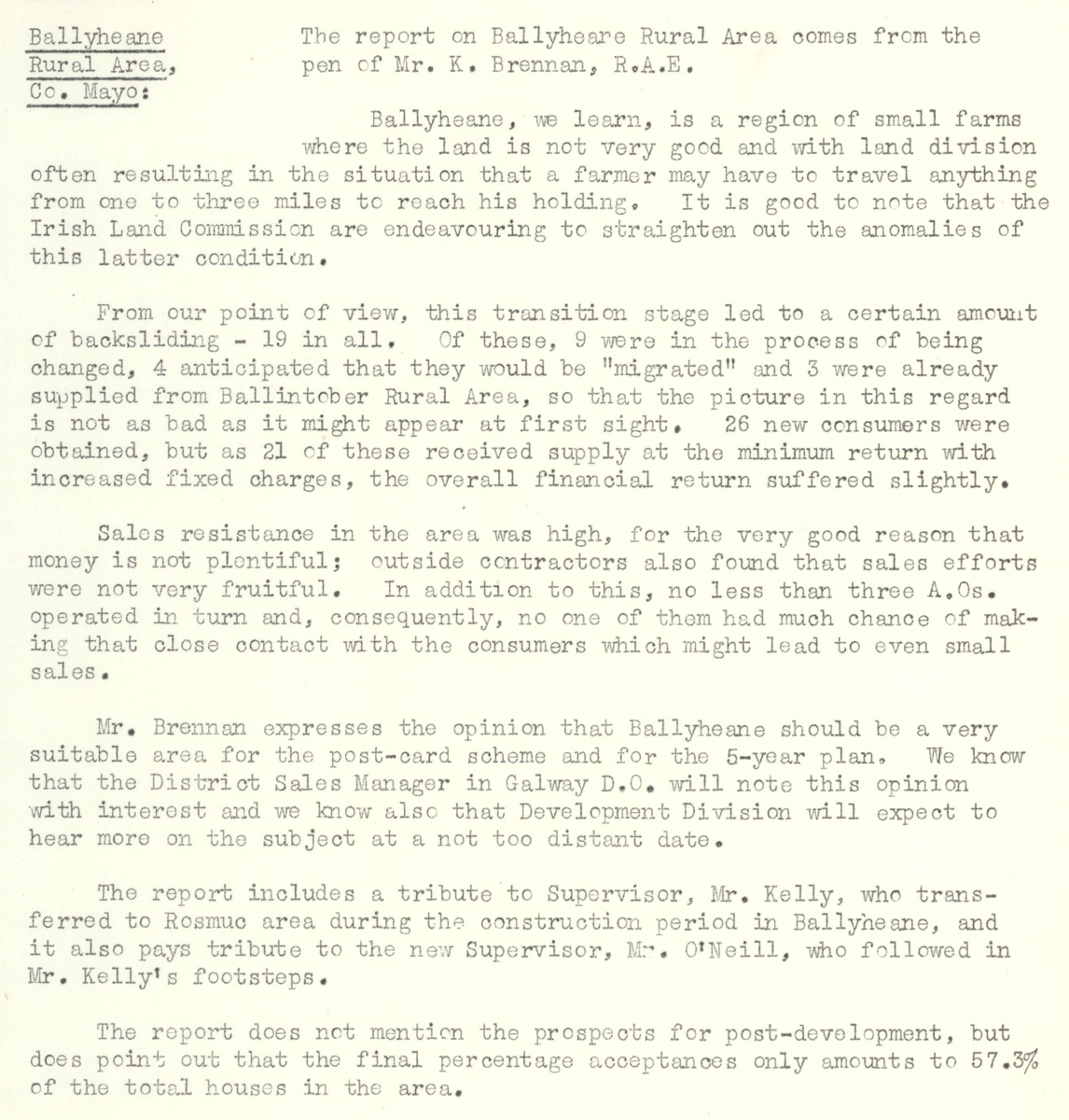 A scanned page from the ESB REO magazine about the Ballyheane Rural Area.