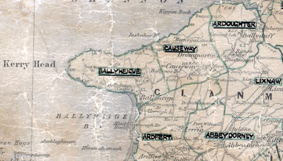 A scanned, worn historical map from the 1940s of the  rural electrification area around Ballyheigue. A hand‑drawn boundary outlines the region, including Ardoughter, Causeway, Lixnaw, Ardfert and Abbeydorney.