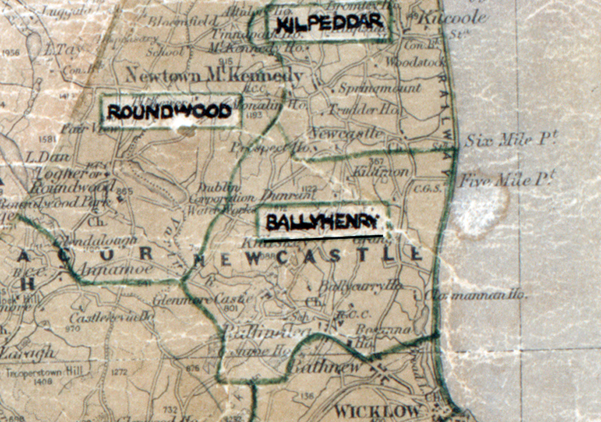 A scanned, worn historical map from the 1940s of the rural electrification area around Ballyhenry. A hand‑drawn boundary outlines the region, including Roundwood and Kilpeddar.