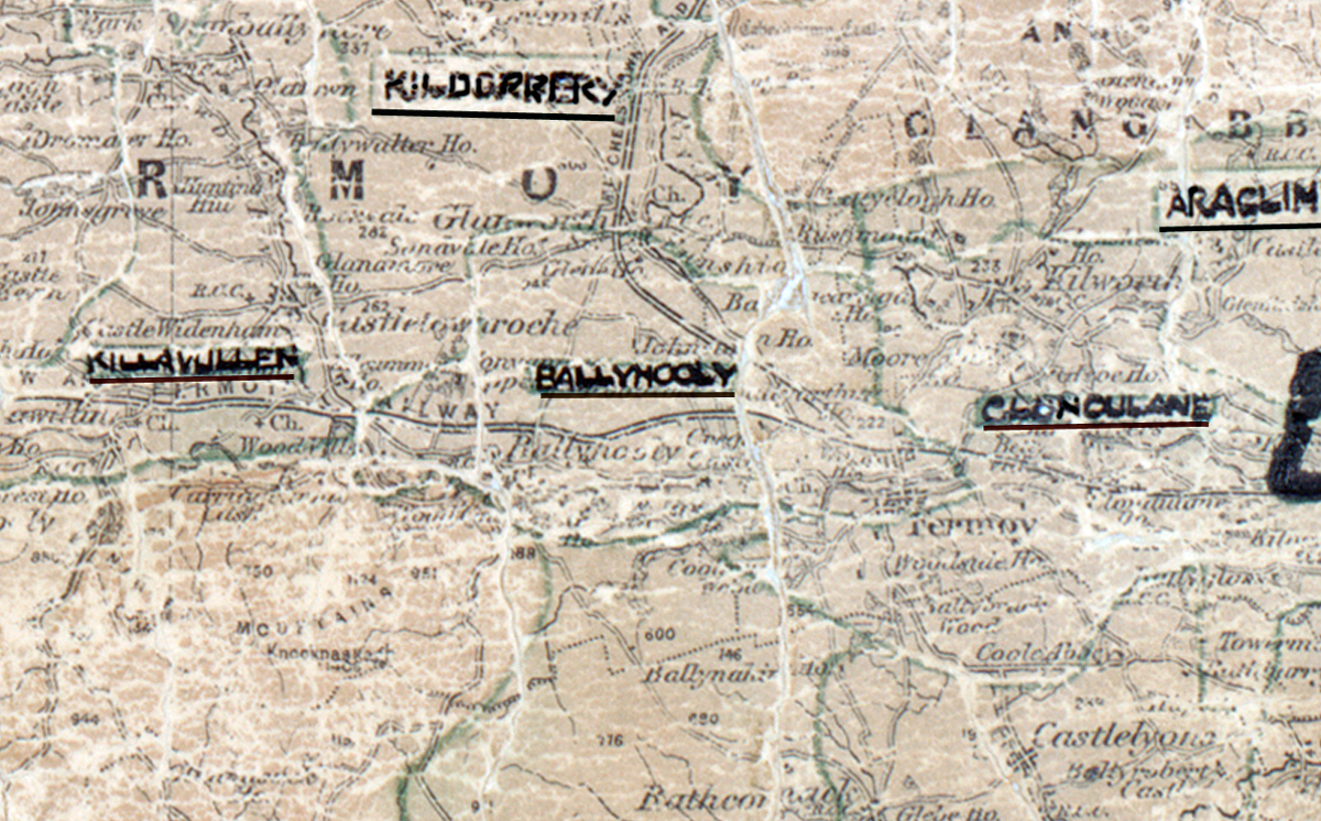 A scanned, worn historical map from the 1940s of the  rural electrification area around Ballyhooley. A hand‑drawn boundary outlines the region, including Kildorrery, Araglin, Killavullen and Clondulane.