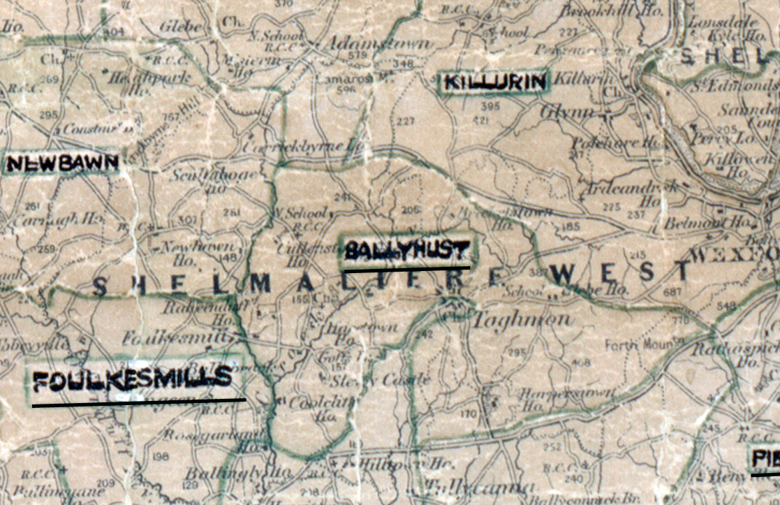 A scanned, worn historical map from the 1940s of the rural electrification area around Ballyhust. A hand‑drawn boundary outlines the region, including Fowlkesmills and Killurin.