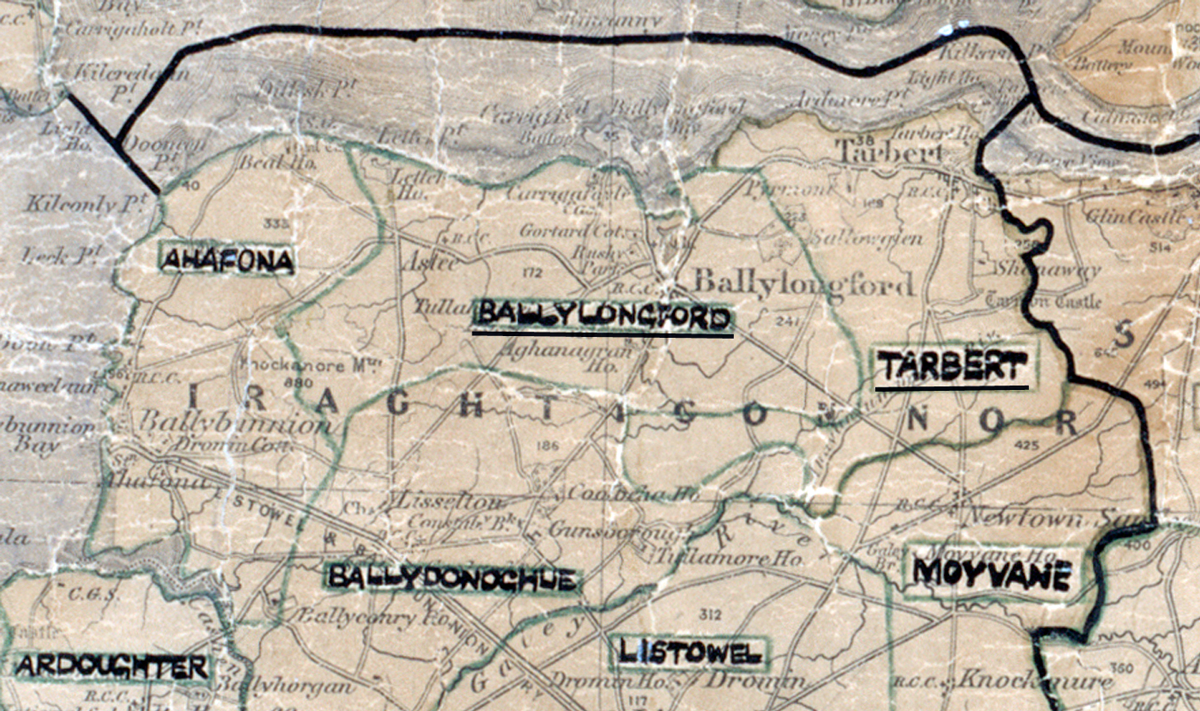 A scanned, worn historical map from the 1940s of the  rural electrification area around Ballylongford. A hand‑drawn boundary outlines the region, including Ahafona, Tarbert, Ardoughter, Listowel and Moyvane.