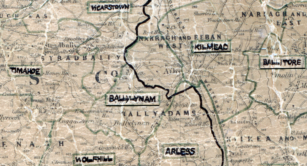 A scanned, worn historical map from the 1940s of the  rural electrification area around Ballylynan. A hand‑drawn boundary outlines the region, including Vicarstown, Timahoe, Arless, Kilmead and Ballitore.