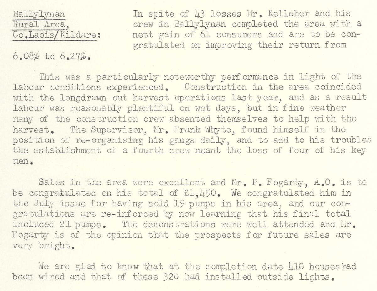 A scanned page from the ESB REO magazine about the Ballylynan Rural Area.
