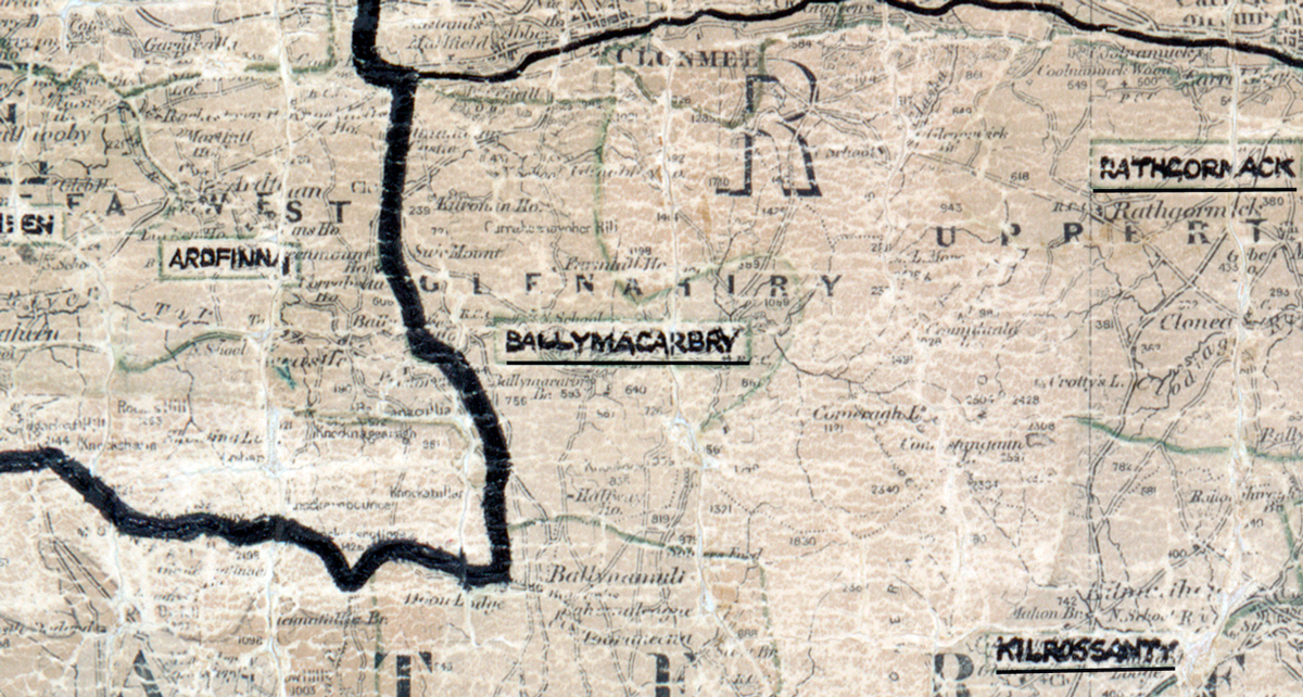 A scanned, worn historical map from the 1940s of the  rural electrification area around Ballymacarbry. A  hand‑drawn boundary outlines the region.