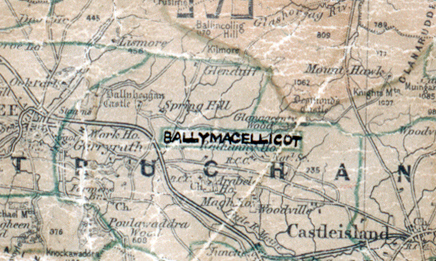 A scanned, worn historical map from the 1940s of the  rural electrification area around Ballymacelligot. A hand‑drawn boundary outlines the region.