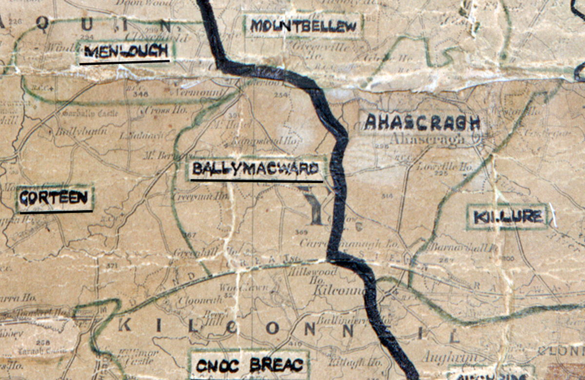 A scanned, worn historical map from the 1940s of the  rural electrification area around Ballymacward. A  hand‑drawn boundary outlines the region.