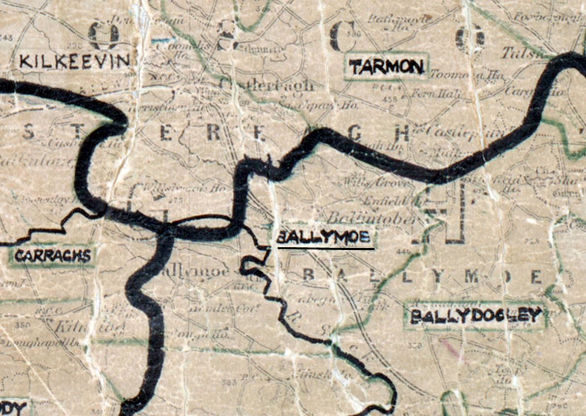 A scanned, worn historical map from the 1940s of the  rural electrification area around Ballymoe. A hand‑drawn boundary outlines the region, including Tarmon, Carraghs, Ballydooley and Kilkeevin.