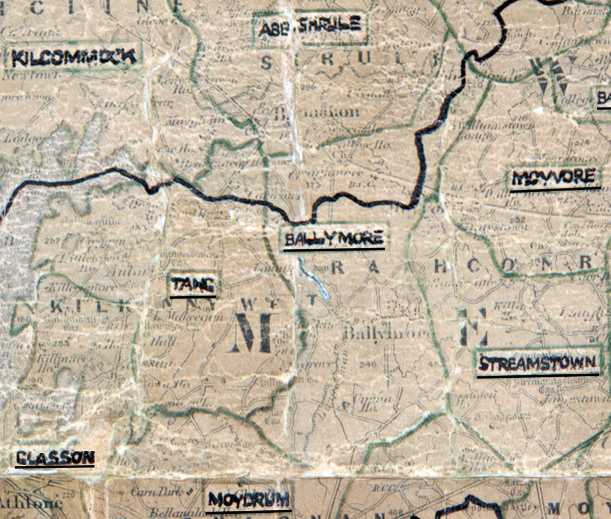 A scanned, worn historical map from the 1940s of the  rural electrification area around Ballymore.