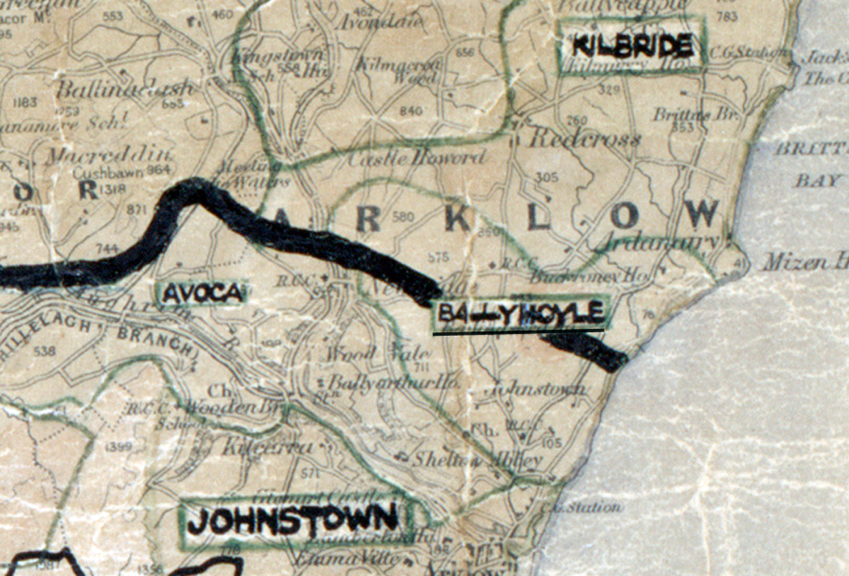 A scanned, worn historical map from the 1940s of the rural electrification area around Ballymoyle. A hand‑drawn boundary outlines the region, including Avoca and Johnstown.
