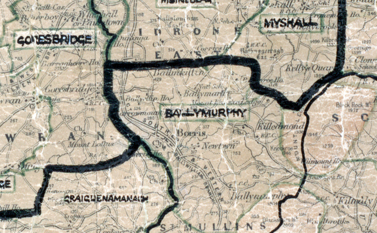 A scanned, worn historical map from the 1940s of the  rural electrification area around Ballymurphy. A hand‑drawn boundary outlines the region, including Goresbridge, Myshall, Glywn and Killawn.