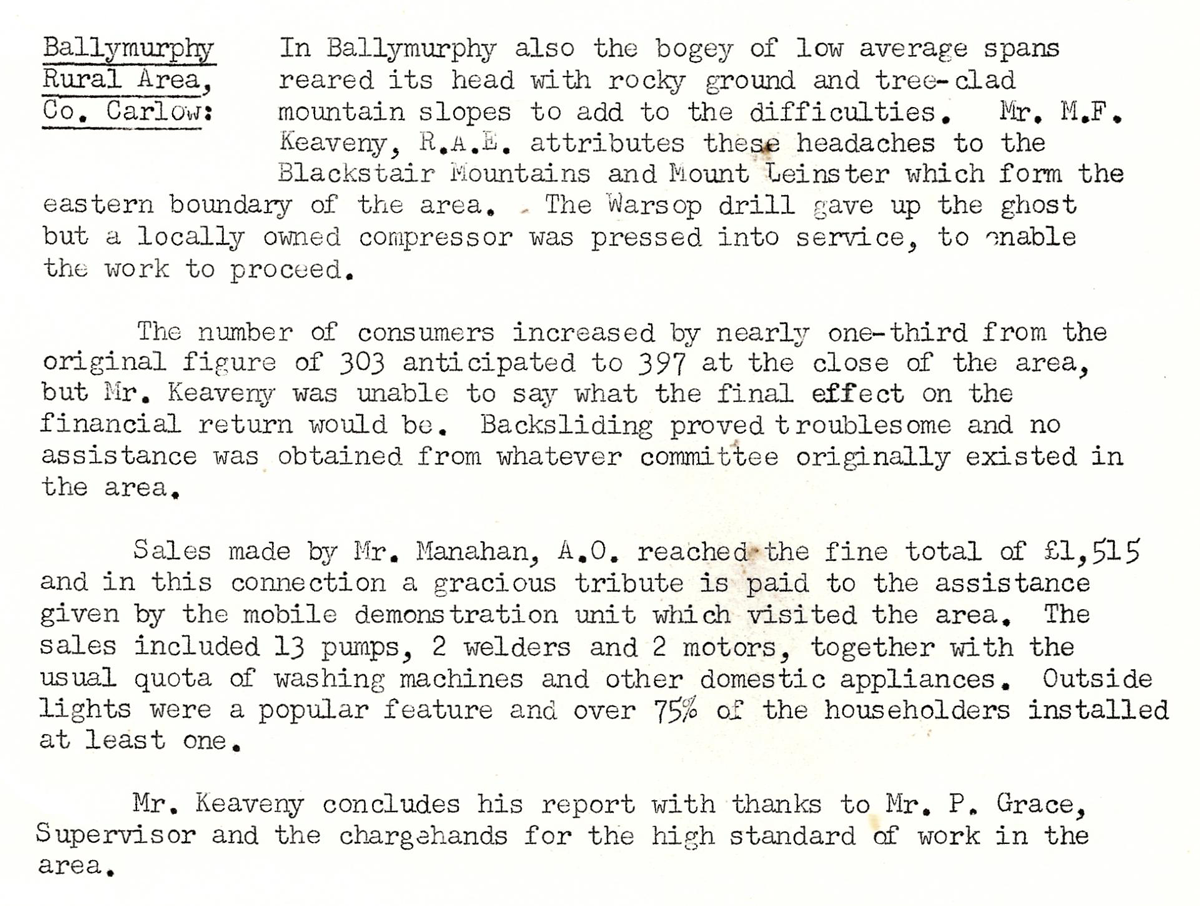 A scanned page from the ESB REO magazine about the Ballymurphy Rural Area.