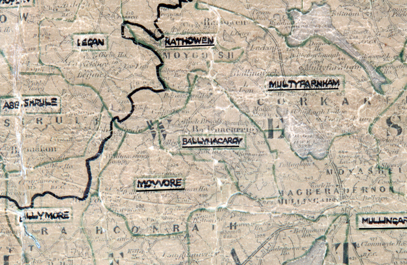A scanned, worn historical map from the 1940s of the  rural electrification area around Ballynacarrigy. A  hand‑drawn boundary outlines the region.
