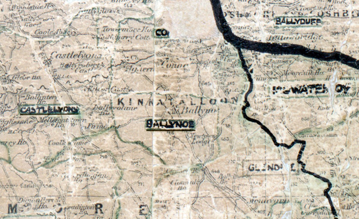 A scanned, worn historical map from the 1940s of the  rural electrification area around Ballynoe. A hand‑drawn boundary outlines the region, including Castlelyon and Ballyduff.