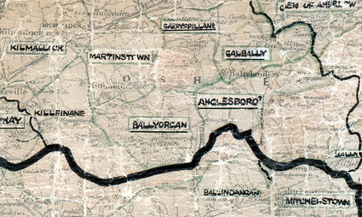 A scanned, worn historical map from the 1940s of the  rural electrification area around Ballyorgan. A  hand‑drawn boundary outlines the region.
