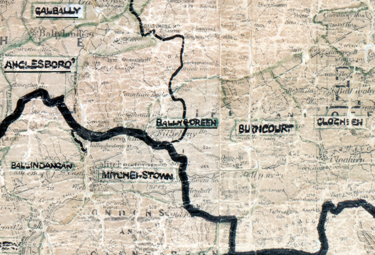 A scanned, worn historical map from the 1940s of the rural electrification area around Ballyporeen. A hand‑drawn boundary outlines the region, including Anglesboro and Galbally.