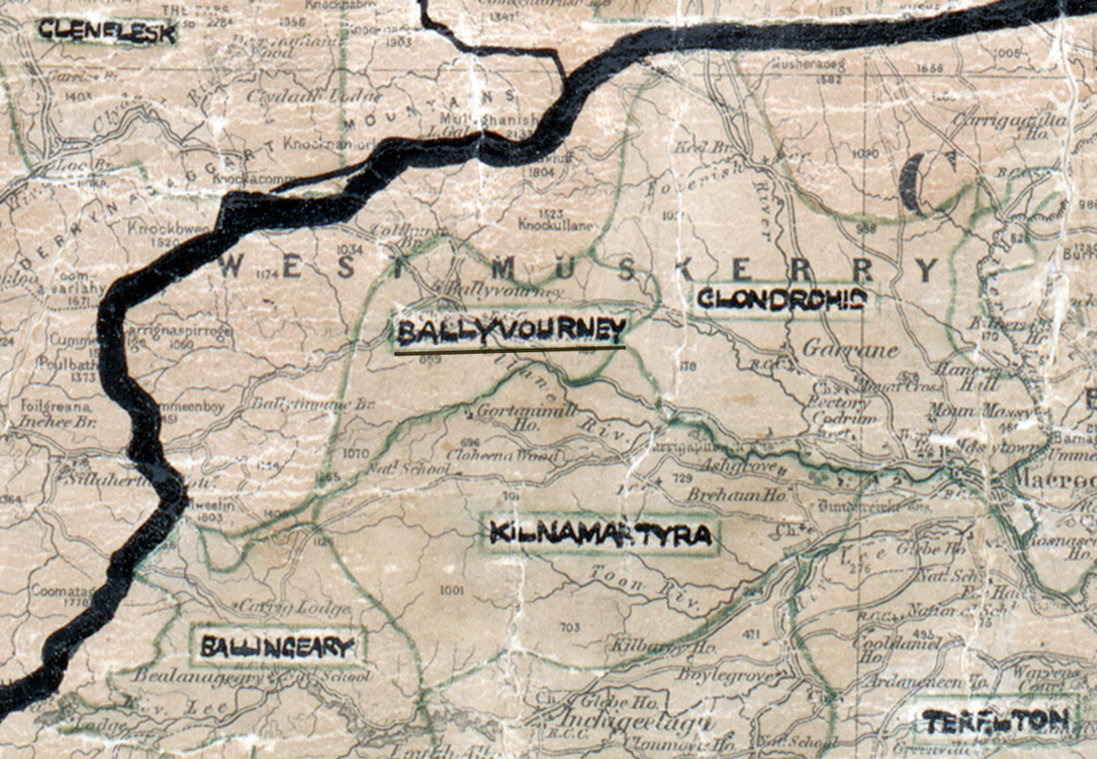 A scanned, worn historical map from the 1940s of the  rural electrification area around Ballyvourney. A hand‑drawn boundary outlines the region, including Clondrohid, Ballingeary and Kilnamatyra.
