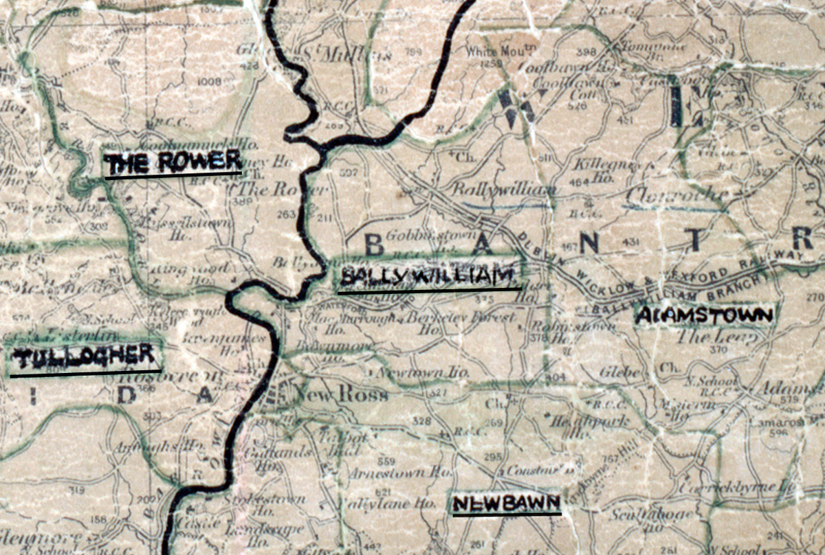A scanned, worn historical map from the 1940s of the rural electrification area around Ballywilliam. A hand‑drawn boundary outlines the region, including Adamstown and Newbawn.