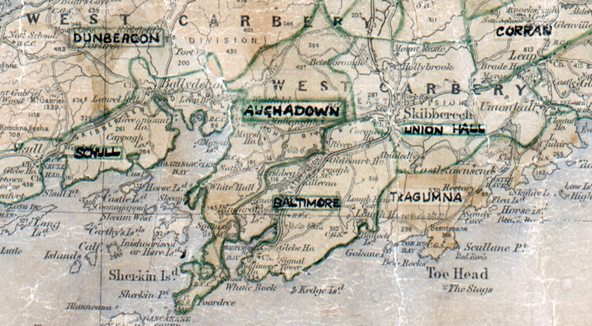 A scanned, worn historical map from the 1940s of the  rural electrification area around Baltimore. A hand‑drawn boundary outlines the region, including Dunbeacon, Schull, Union Hall, Corran and Tragumna.