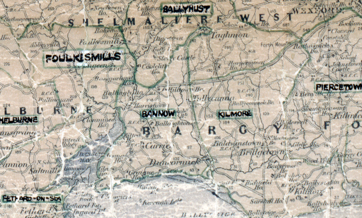 “A scanned, worn historical map from the 1940s of the rural electrification area around Bannow. A hand‑drawn boundary outlines the region, including Kilmore and Ballyhust.