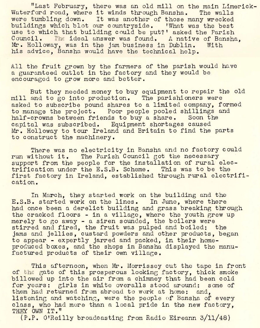 Typed article describing the establishment of a fruit-processing factory in Bansha following the arrival of rural electrification.