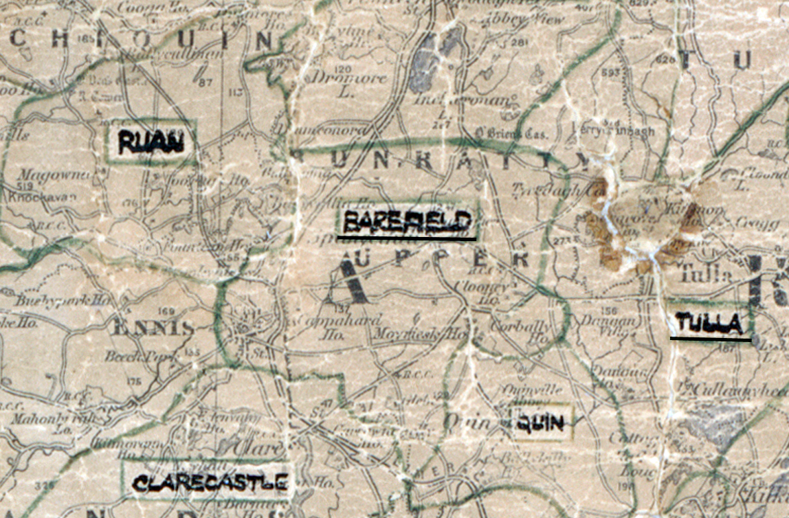 “A scanned, worn historical map from the 1940s of the rural electrification area around Barefield. A hand‑drawn boundary outlines the region, including Tulla, Quin”